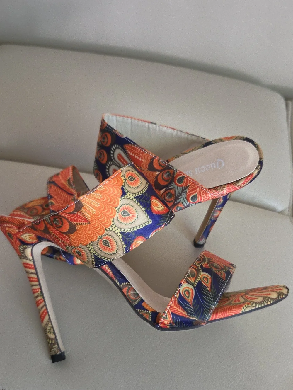 Women's Paisley Print High Heel Slide Sandals - Orange/ Blue/ Green Size EU 40